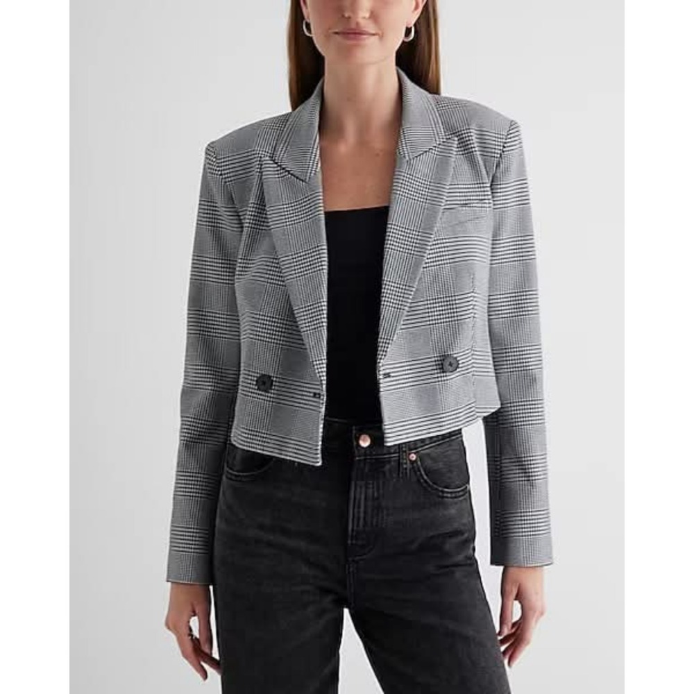 Express Cropped Blazer Women XL Black White Glen Plaid Like‎ New Double Breasted